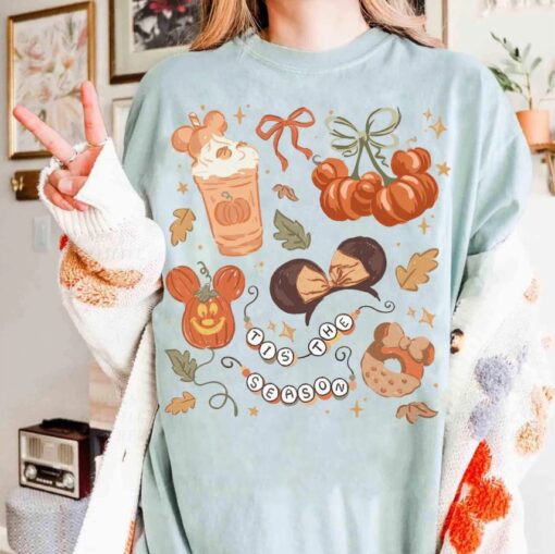 Comfor Color Coquette Bow Disney Halloween Pumpkin T-Shirt and Sweatshirt, Disney Autumn Coffee Tis The Season, Disney Fall Vibes Shirt, Disneyland Halloween Shirts