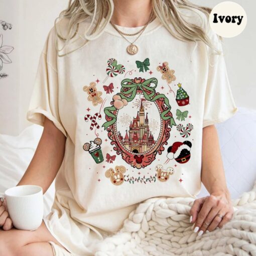 Comfor Color Coquette Bows Disneyland Castle Christmas T-shirt and Sweatshirt, Magic Kingdom Christmas Shirt, Disney Christmas Shirt, Mickey and Friends Christmas Shirt