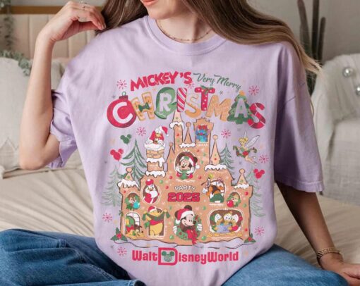 Comfor Color Coquette Mickey's Very Merry Christmas Party 2025 Gingerbread T-shirt and Sweatshirt, Disney Mickey and Friends Xmas Tee, Disneyland Vacation Family Gifts