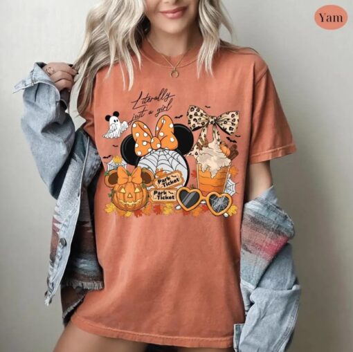 Comfor Color Disney Literally Just A Girl Halloween T-shirt and Sweatshirt, Minnie Bow Coffee Tee, Disney Pumpkin Fall Shirt, Disneyland Halloween Tee, Disney Girls Trip
