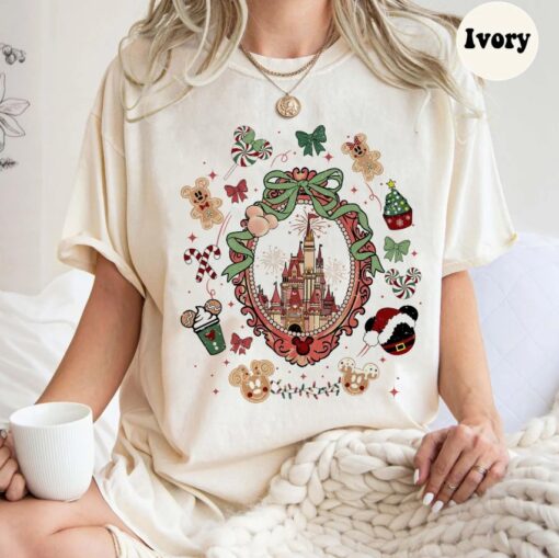Comfor Color Coquette Bows Disneyland Castle Christmas T-shirt and Sweatshirt, Magic Kingdom Christmas Shirt, Disney Christmas Shirt, Mickey and Friends Christmas Shirt