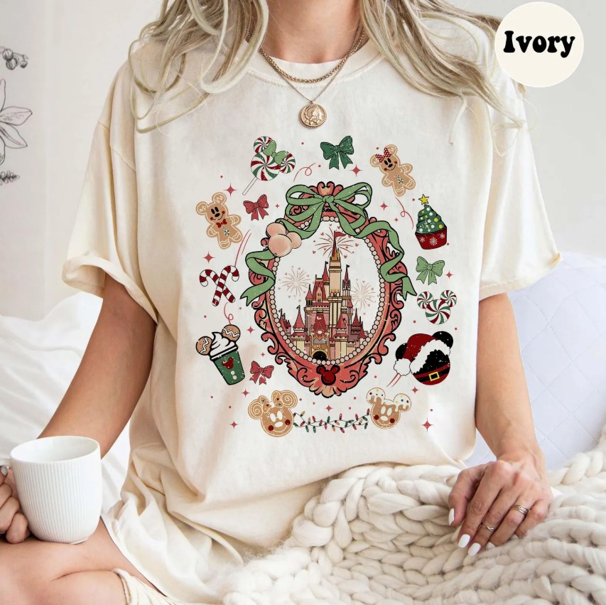 Comfor Color Coquette Bows Disneyland Castle Christmas T-shirt and Sweatshirt, Magic Kingdom Christmas Shirt, Disney Christmas Shirt, Mickey and Friends Christmas Shirt
