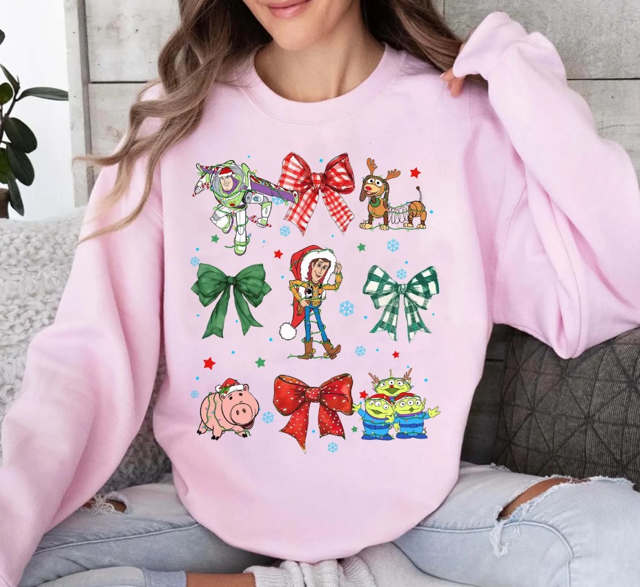 Disney Toy Story Santa Hat Woody Coquette Bows Christmas Lights Sweatshirt and Tshirt, Mickey's Very Merry Xmas Party Gift, Disneyland Family Christmas Tee